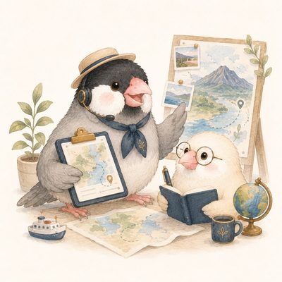 旅行会社やコンシェルジュへの相談をイメージした文鳥たち