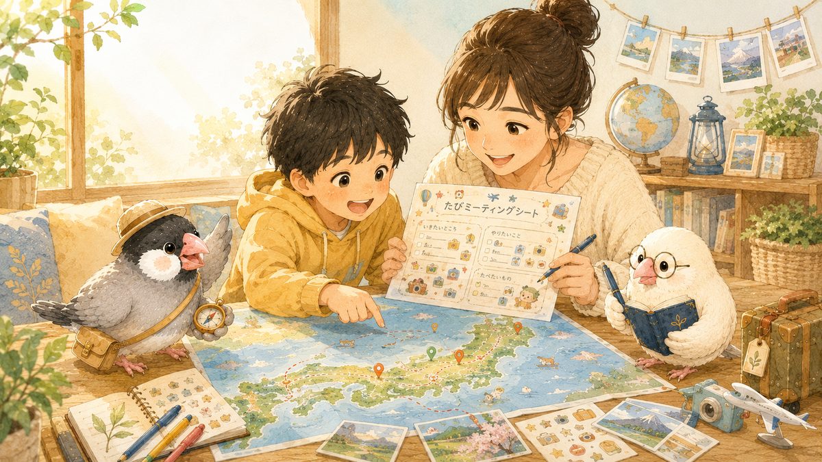 親子で旅先会議シートを使って旅行計画をしているイラスト