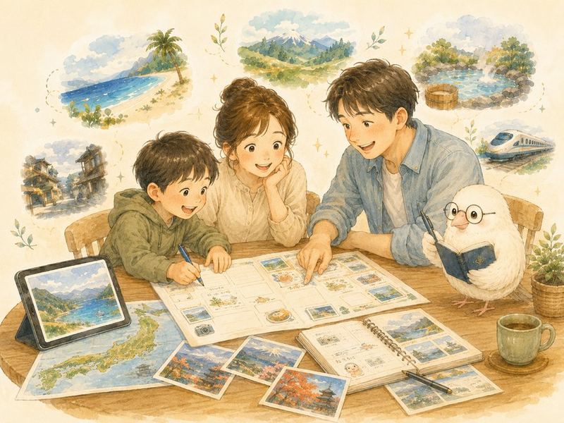家族で旅の話をしている大きなイラスト
