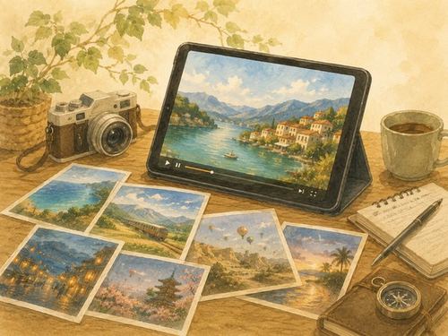 写真や動画を見ながら旅を想像するイメージ