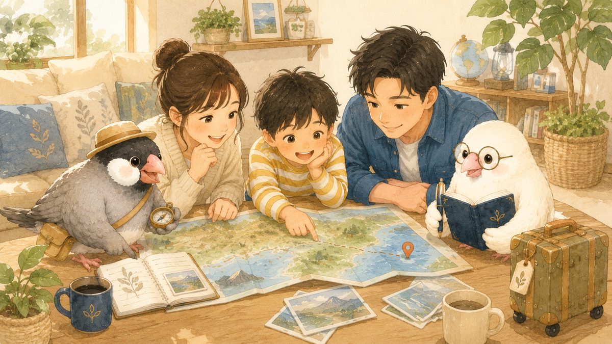 家族と文鳥が地図を見ながら旅先を相談しているイラスト