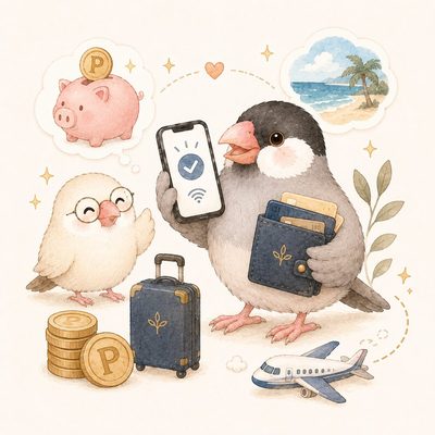 旅費を軽くするアイデアを案内する文鳥たち