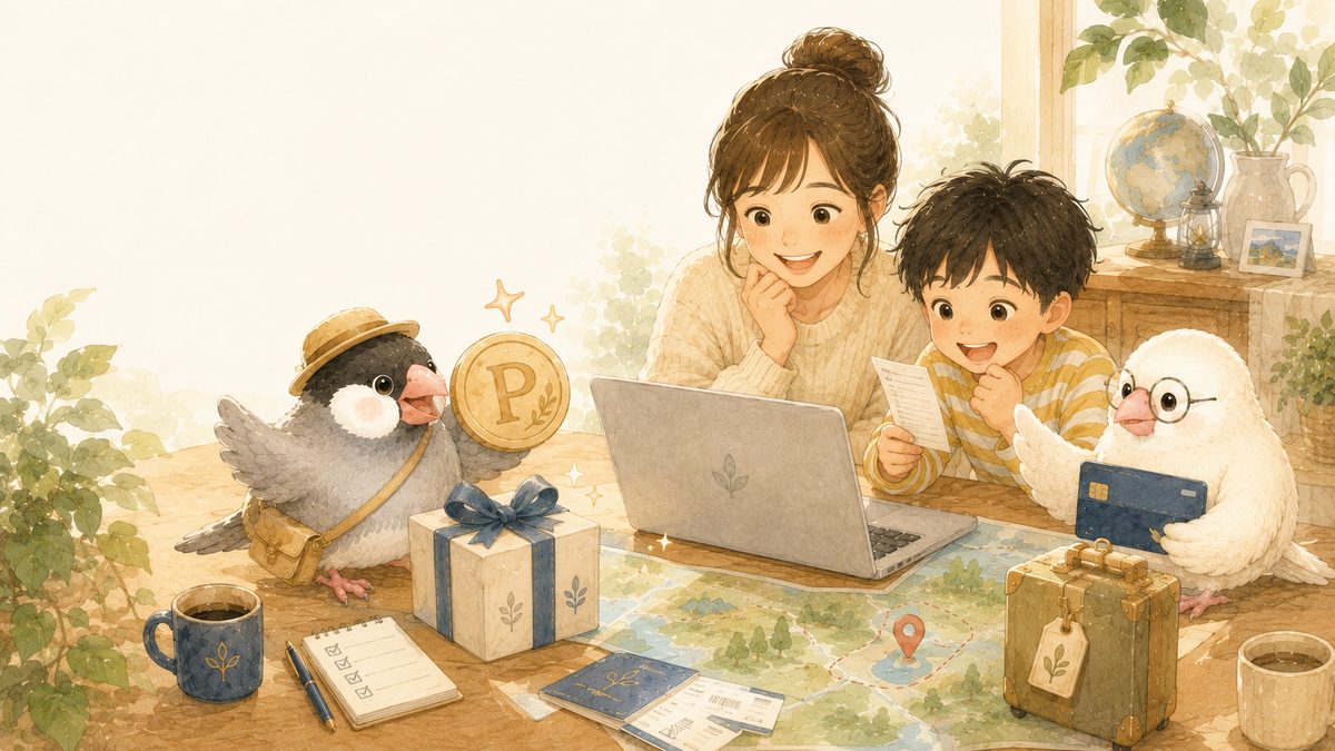 家族と文鳥がポイントコインやギフトボックスを見ながら、旅費を軽くする方法を楽しく考えているイラスト