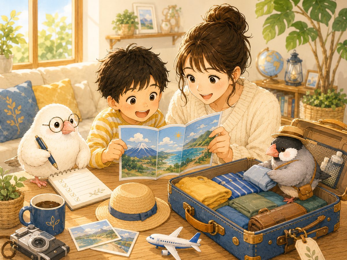 親子と文鳥たちがしおりを見ながら、ワクワクして旅行の準備をしているイラスト